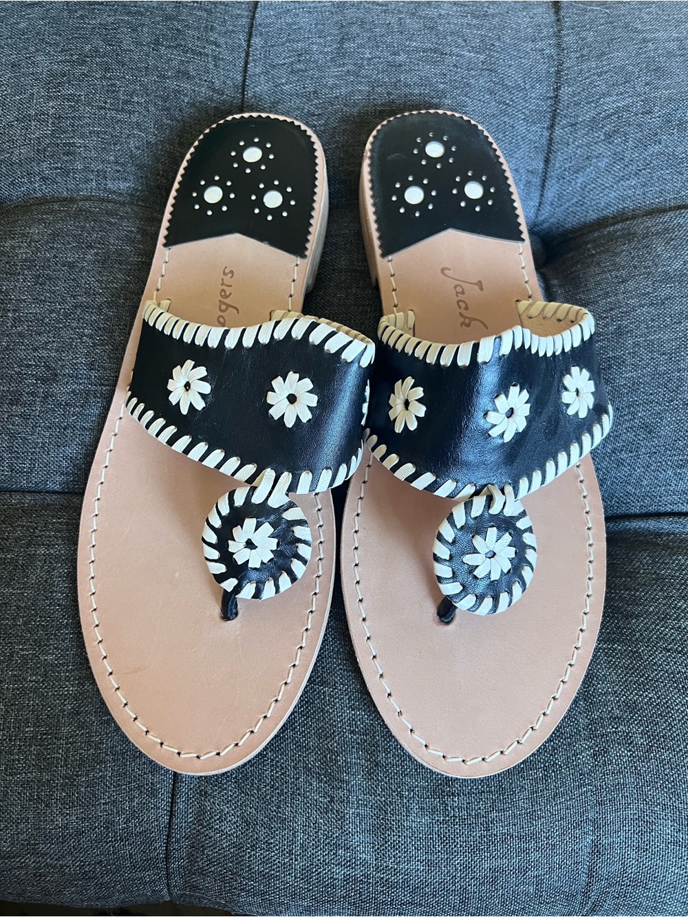 Jack Rogers Black Leather Floral Thong Sandals with Cream Accents